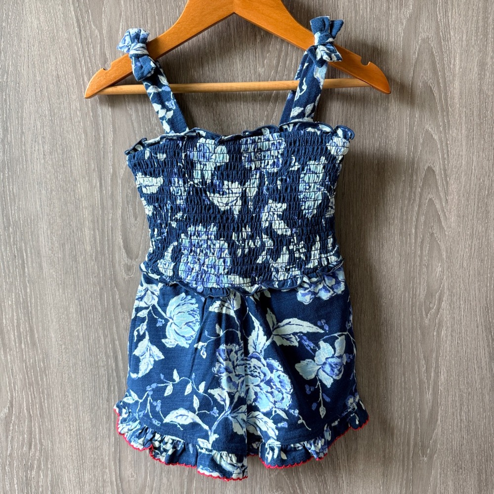 Matilda Jane Shorts Romper Girls 2 Blue Floral‎ Smocked Ruffle Cottagecore Boho